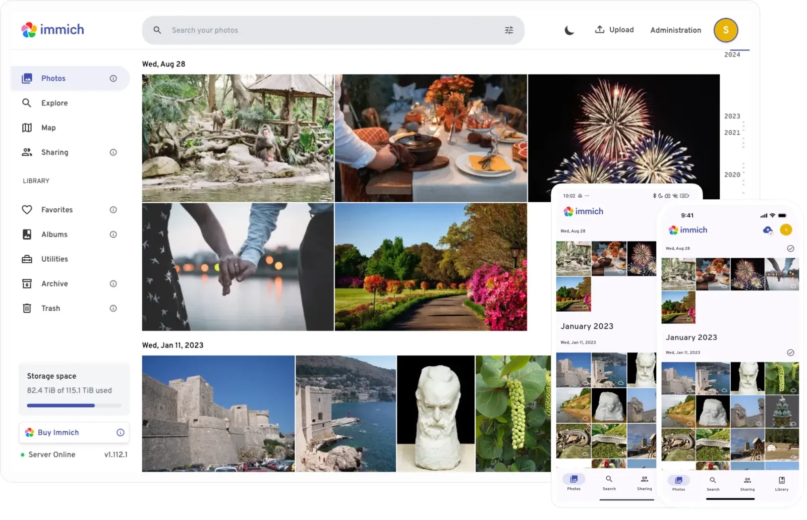 Immich web and mobile interfaces showing a photo timeline