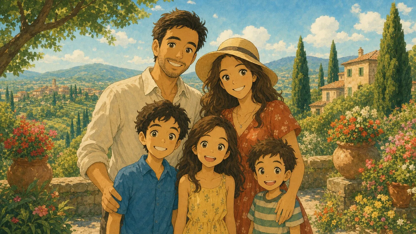 A family portrait transformed into a hand-painted animation style